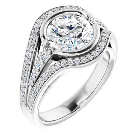 10K White Gold Customizable Cathedral-Bezel Round Cut Design with Wide Triple-Split-Pavé Band