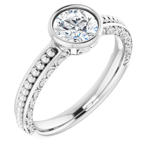 10K White Gold Customizable Bezel-set Round Cut Solitaire with Beaded and Carved Three-sided Band