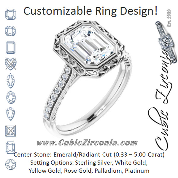 Cubic Zirconia Engagement Ring- The Itzayana (Customizable Cathedral-Bezel Emerald Cut Design featuring Accented Band with Filigree Inlay)