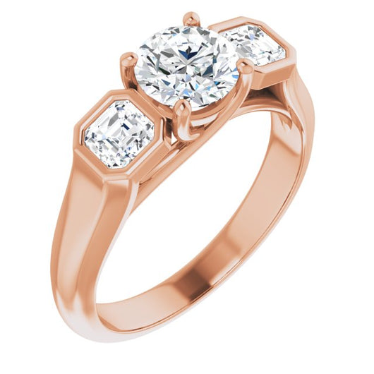 10K Rose Gold Customizable 3-stone Cathedral Round Cut Design with Twin Asscher Cut Side Stones