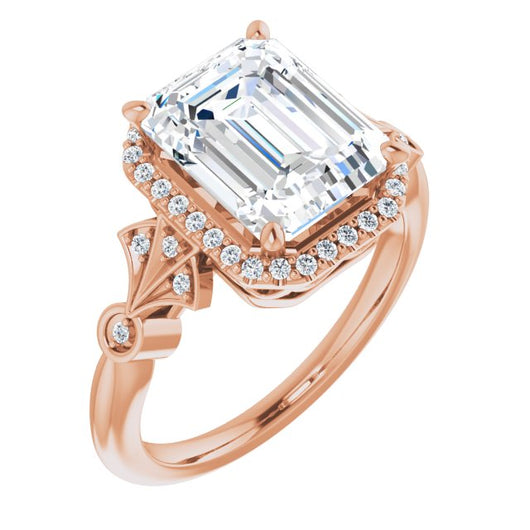 10K Rose Gold Customizable Cathedral-Crown Emerald/Radiant Cut Design with Halo and Scalloped Side Stones