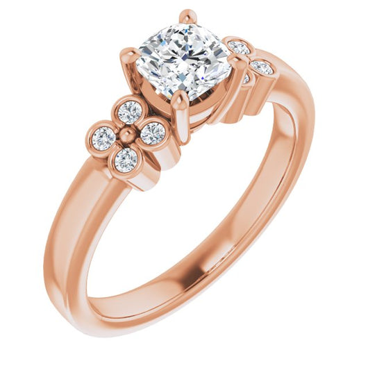 10K Rose Gold Customizable 9-stone Design with Cushion Cut Center and Complementary Quad Bezel-Accent Sets