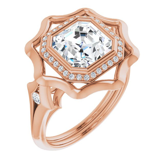 10K Rose Gold Customizable Bezel-set Asscher Cut with Halo & Oversized Floral Design