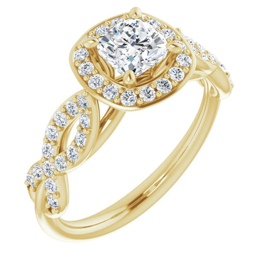 10K Yellow Gold Customizable Cathedral-Halo Cushion Cut Design with Artisan Infinity-inspired Twisting Pavé Band