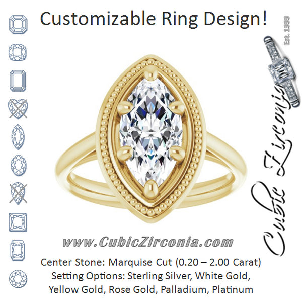 Cubic Zirconia Engagement Ring- The Eve (Customizable Marquise Cut Solitaire with Metallic Drops Halo Lookalike)