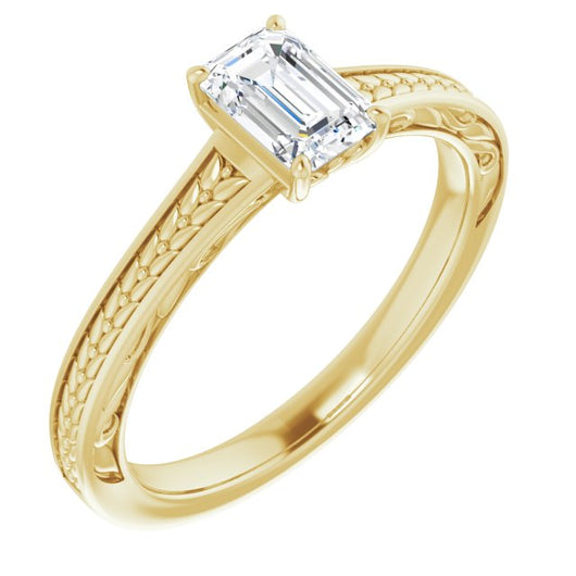 10K Yellow Gold Customizable Emerald/Radiant Cut Solitaire with Organic Textured Band and Decorative Prong Basket