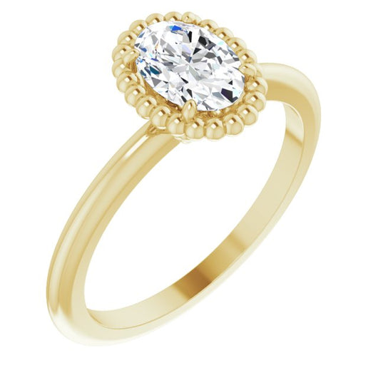 10K Yellow Gold Customizable Oval Cut Solitaire with Beaded Metallic Milgrain