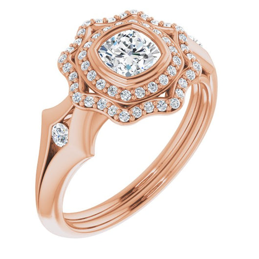 10K Rose Gold Customizable Cathedral-bezel Cushion Cut Design with Floral Double Halo and Channel-Accented Split Band