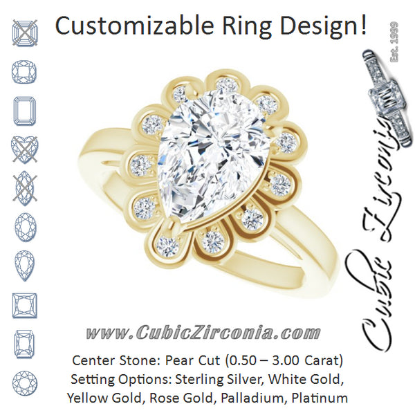 Cubic Zirconia Engagement Ring- The Mary Lou (Customizable 9-stone Pear Cut Design with Round Bezel Side Stones)