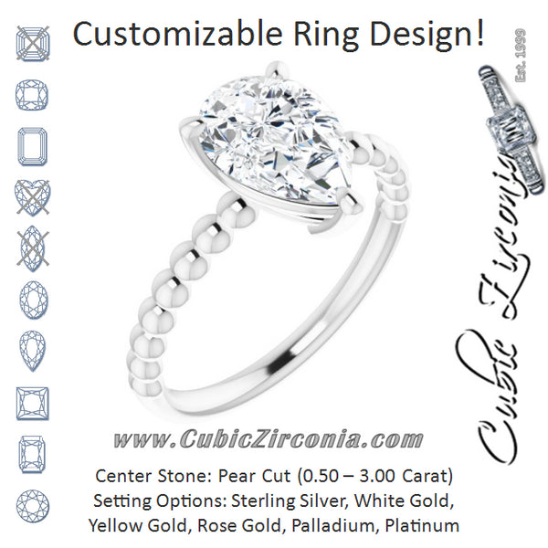 Cubic Zirconia Engagement Ring- The Hattie (Customizable Pear Cut Solitaire with Thin Beaded-Bubble Band)