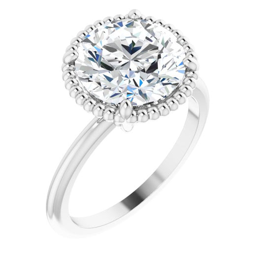 10K White Gold Customizable Round Cut Solitaire with Beaded Metallic Milgrain