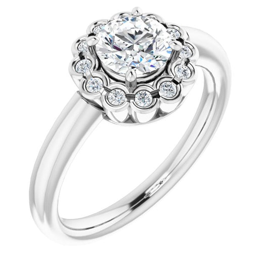 10K White Gold Customizable 13-stone Round Cut Design with Floral-Halo Round Bezel Accents