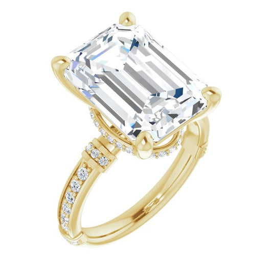 10K Yellow Gold Customizable Emerald/Radiant Cut Style featuring Under-Halo, Shared Prong and Quad Horizontal Band Accents