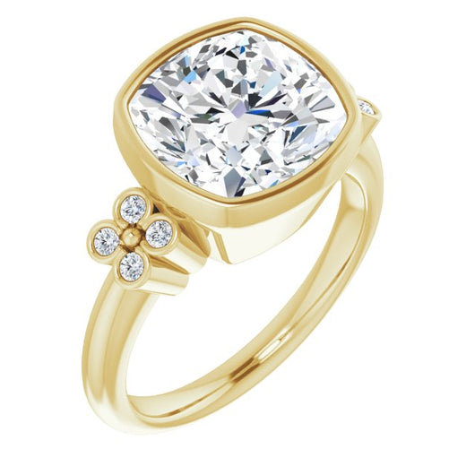 10K Yellow Gold Customizable 9-stone Bezel-set Cushion Cut Design with Quad Round Bezel Side Stones Each Side