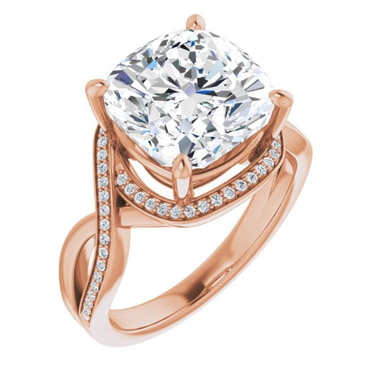 10K Rose Gold Customizable Bypass-Halo-Accented Cushion Cut Center with Twisting Split Shared Prong Band