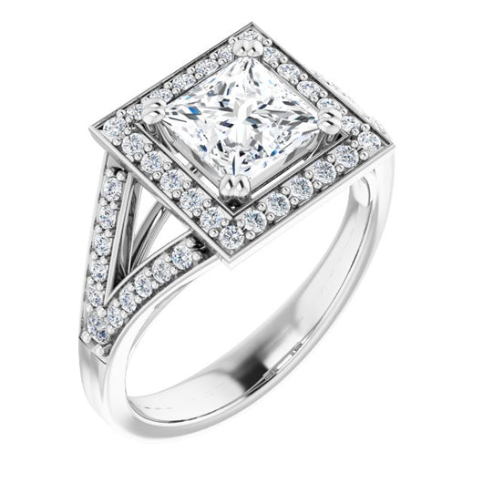 10K White Gold Customizable Cathedral-set Princess/Square Cut Style with Accented Split Band and Halo