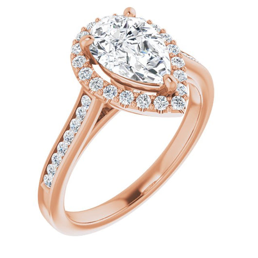 10K Rose Gold Customizable Pear Cut Design with Halo, Round Channel Band and Floating Peekaboo Accents