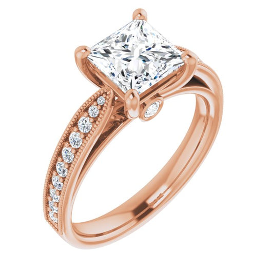 10K Rose Gold Customizable Princess/Square Cut Style featuring Milgrained Shared Prong Band & Dual Peekaboos