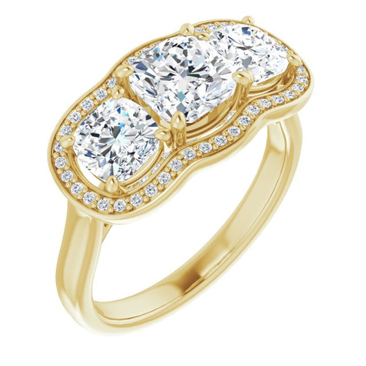 10K Yellow Gold Customizable 3-stone Design with Cushion Cut Center, Cushion Side Stones, Triple Halo and Bridge Under-halo