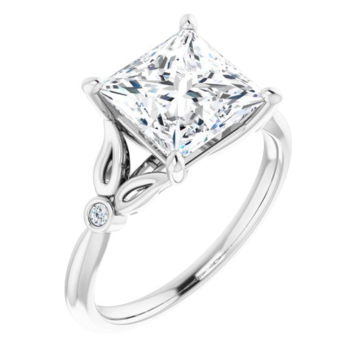 10K White Gold Customizable 3-stone Princess/Square Cut Design with Thin Band and Twin Round Bezel Side Stones