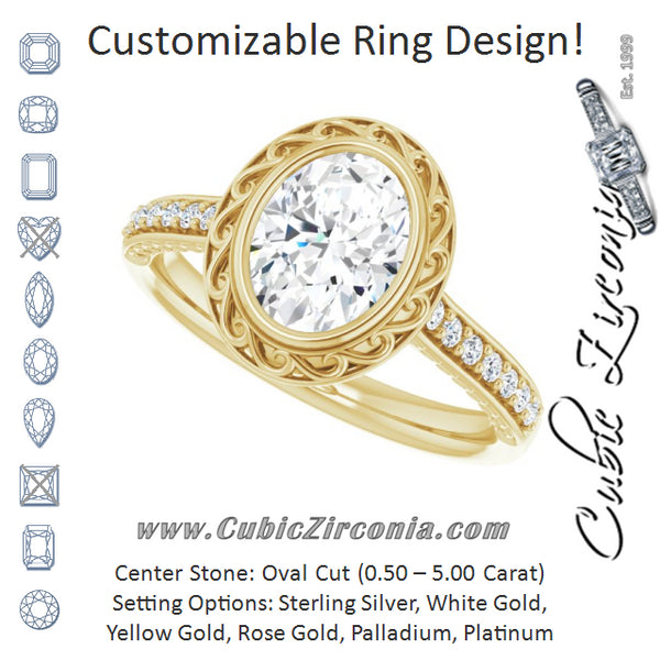 Cubic Zirconia Engagement Ring- The Itzayana (Customizable Cathedral-Bezel Oval Cut Design featuring Accented Band with Filigree Inlay)