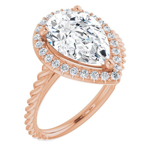 10K Rose Gold Customizable Cathedral-set Pear Cut Design with Halo and Twisty Rope Band