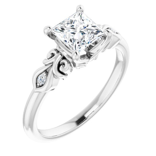 10K White Gold Customizable 3-stone Princess/Square Cut Design with Small Round Accents and Filigree