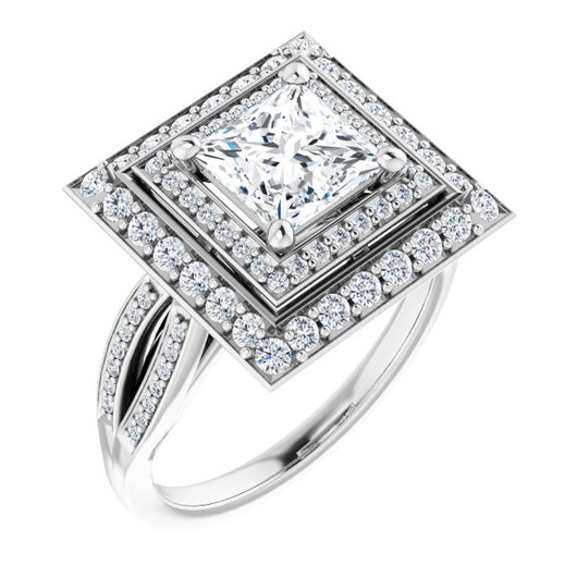 10K White Gold Customizable Cathedral-style Princess/Square Cut Design with Double Halo & Split-Pavé Band