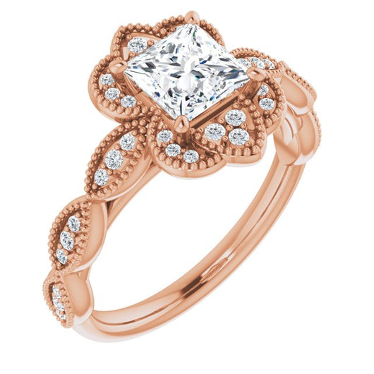 10K Rose Gold Customizable Cathedral-style Princess/Square Cut Design with Floral Segmented Halo & Milgrain+Accents Band