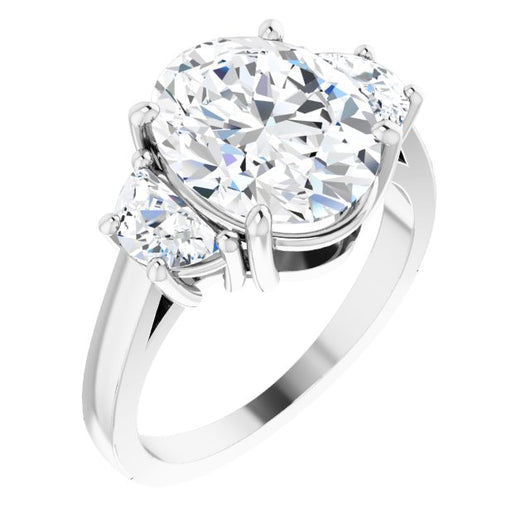 10K White Gold Customizable 3-stone Design with Oval Cut Center and Half-moon Side Stones