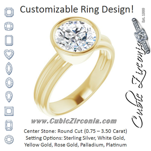 Cubic Zirconia Engagement Ring- The Aretha (Customizable Bezel-set Round Cut Solitaire with Grooved Band)