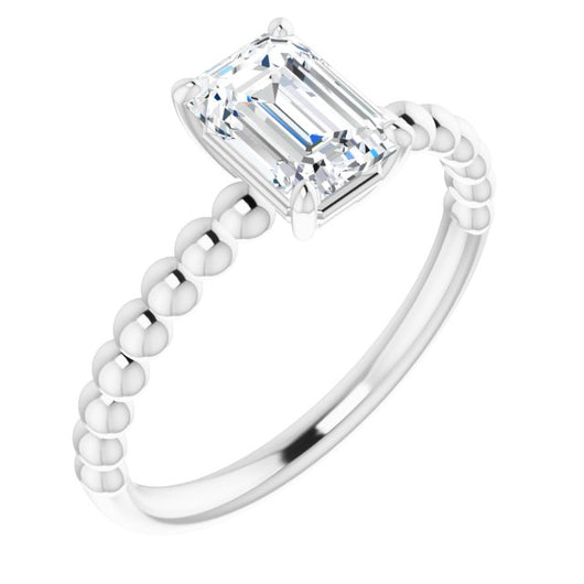 10K White Gold Customizable [[Cut] Cut Solitaire with Thin Beaded-Bubble Band