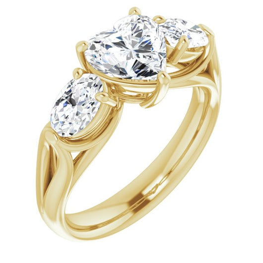 10K Yellow Gold Customizable Cathedral-set 3-stone Heart Cut Style with Dual Oval Cut Accents & Wide Split Band