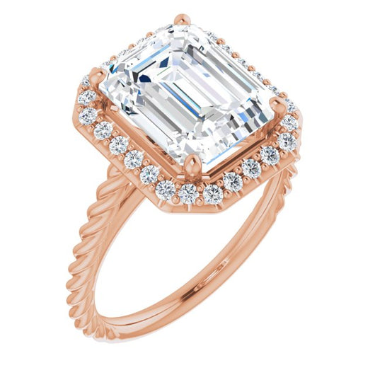 10K Rose Gold Customizable Cathedral-set Emerald/Radiant Cut Design with Halo and Twisty Rope Band