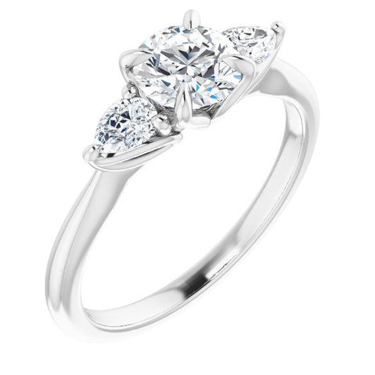 10K White Gold Customizable 3-stone Design with Round Cut Center and Dual Large Pear Side Stones