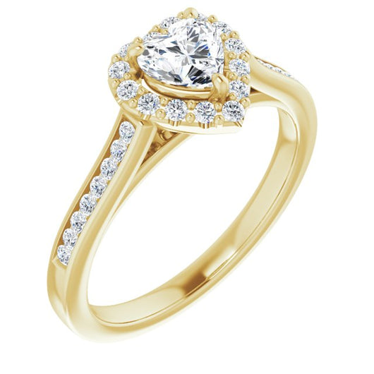 10K Yellow Gold Customizable Heart Cut Design with Halo, Round Channel Band and Floating Peekaboo Accents