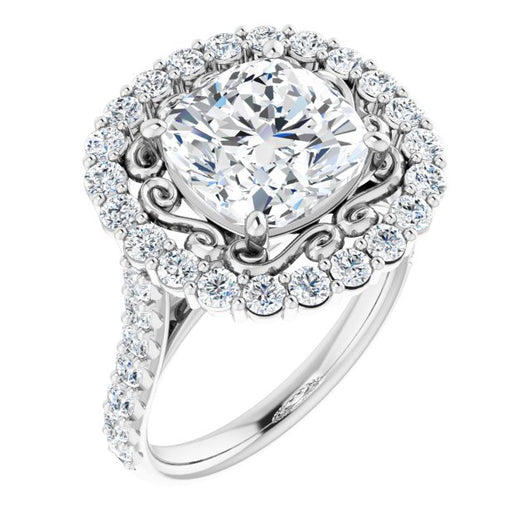 10K White Gold Customizable Cushion Cut Cathedral Style with Oversized Halo