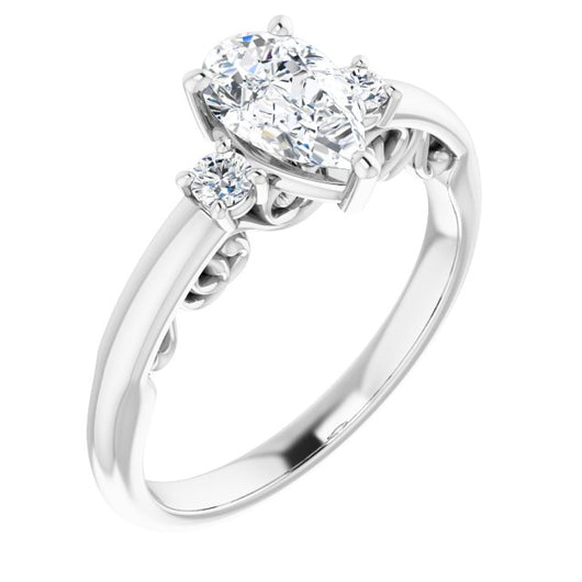 10K White Gold Customizable Pear Cut 3-stone Style featuring Heart-Motif Band Enhancement