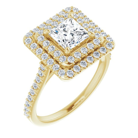 10K Yellow Gold Customizable Double-Halo Princess/Square Cut Design with Accented Split Band