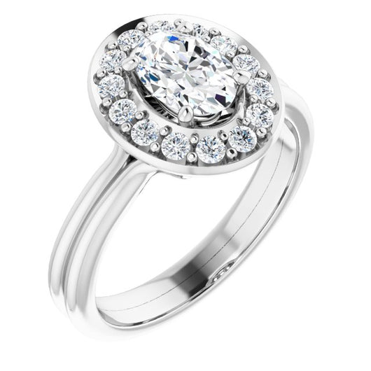 10K White Gold Customizable Cluster-Halo Accented Oval Cut Style with Tapered Dual Band