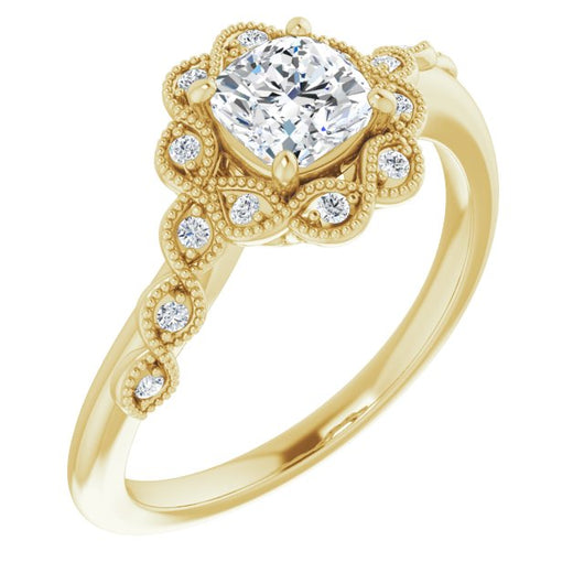 10K Yellow Gold Customizable 3-stone Design with Cushion Cut Center and Halo Enhancement