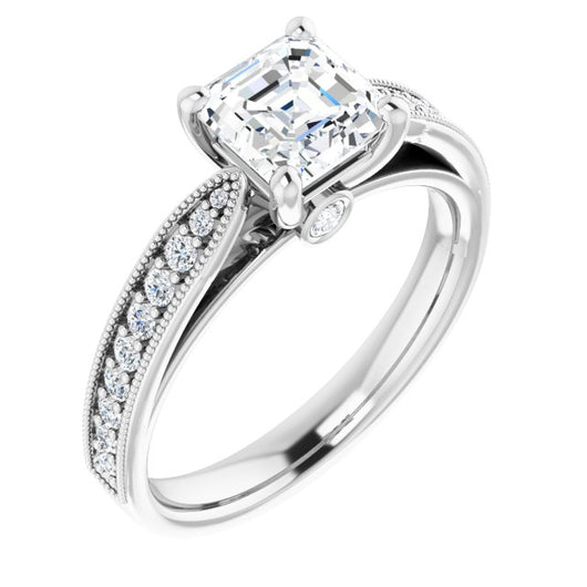 10K White Gold Customizable Asscher Cut Style featuring Milgrained Shared Prong Band & Dual Peekaboos