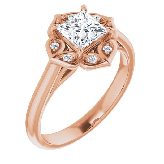 10K Rose Gold Customizable Cathedral-raised Princess/Square Cut Design with Star Halo & Round-Bezel Peekaboo Accents