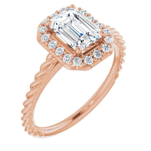 10K Rose Gold Customizable Cathedral-set Emerald/Radiant Cut Design with Halo and Twisty Rope Band