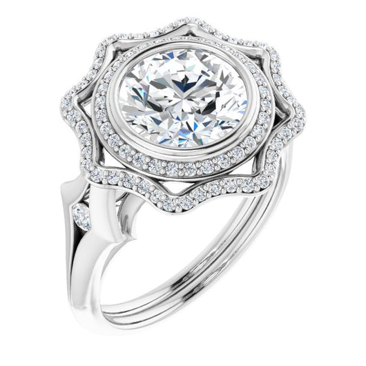 10K White Gold Customizable Cathedral-bezel Round Cut Design with Floral Double Halo and Channel-Accented Split Band