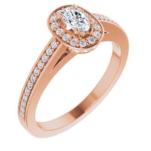 10K Rose Gold Customizable Cathedral-set Oval Cut Design with Halo, Thin Pavé Band & Round-Bezel Peekaboos