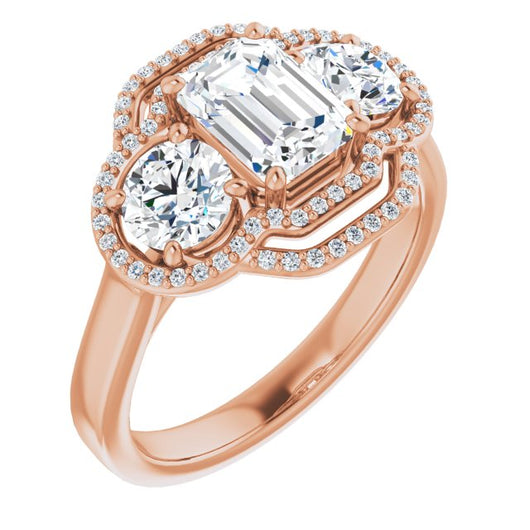 10K Rose Gold Customizable Cathedral-set Enhanced 3-stone Emerald/Radiant Cut Design with Multidirectional Halo