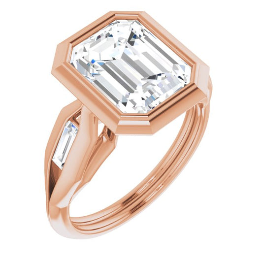 10K Rose Gold Customizable Bezel-set Emerald/Radiant Cut Design with Wide Split Band & Tension-Channel Baguette Accents