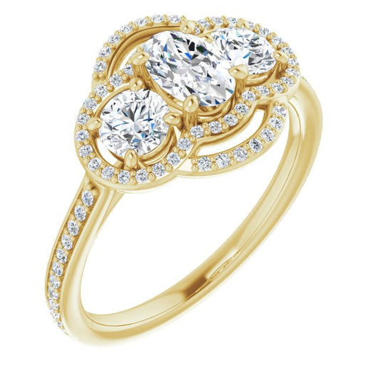 10K Yellow Gold Customizable Enhanced 3-stone Double-Halo Style with Oval Cut Center and Thin Band