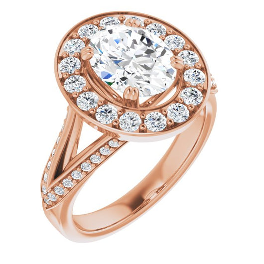 10K Rose Gold Customizable Oval Cut Center with Large-Accented Halo and Split Shared Prong Band